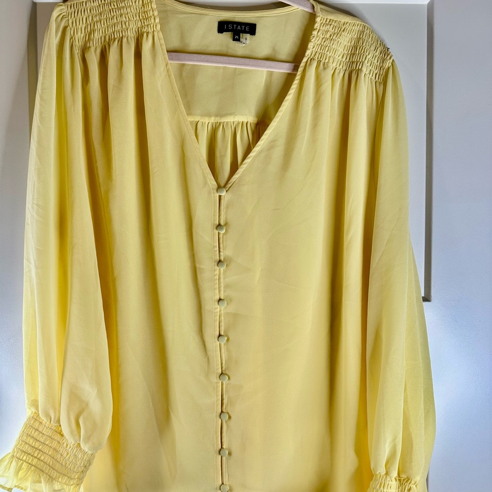 1. State Women's Lemon Yellow Long-Sleeve Blouse, Sheer, Button-Front,‎ 2X, New